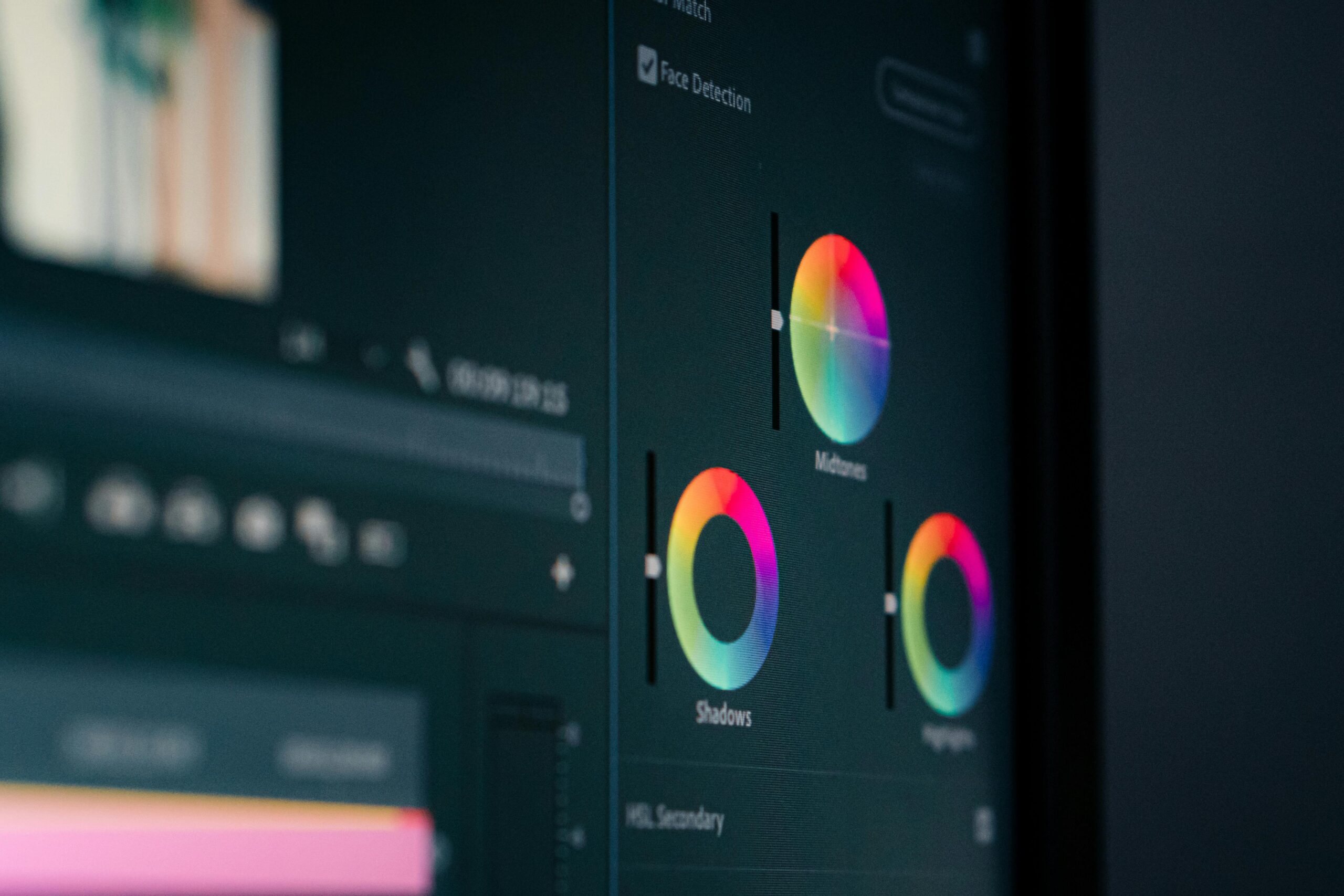 Home Close-up of color grading wheels on a monitor, showcasing digital editing in vibrant hues.